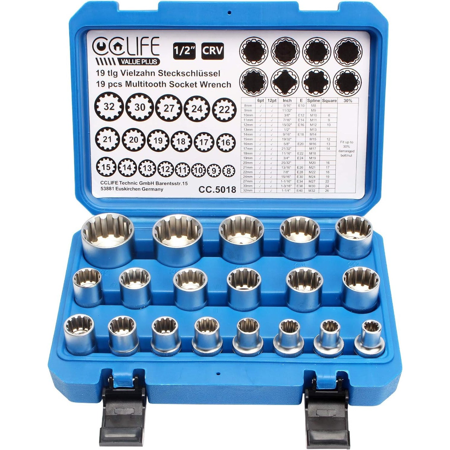 CCLIFE 19-Piece 12-Point Gear Lock Spline Socket Set